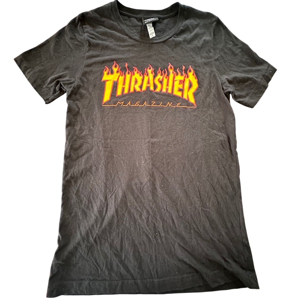 Thrasher Magazine Flame Logo T Shirt Mens Small Black Skateboarding Graphic Tee